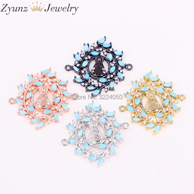 10PCS AZYZ302-5373 Micro Paved CZ and blue Stone Virgin Maria Bracelet Connector Beads Fashion Women Jewelry Findings | Украшения и