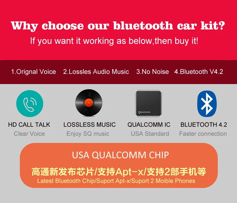 Kript 2-го поколения Bluetooth автомобильный комплект громкой связи можно подключить два мобильных телефона Поддержка APTX