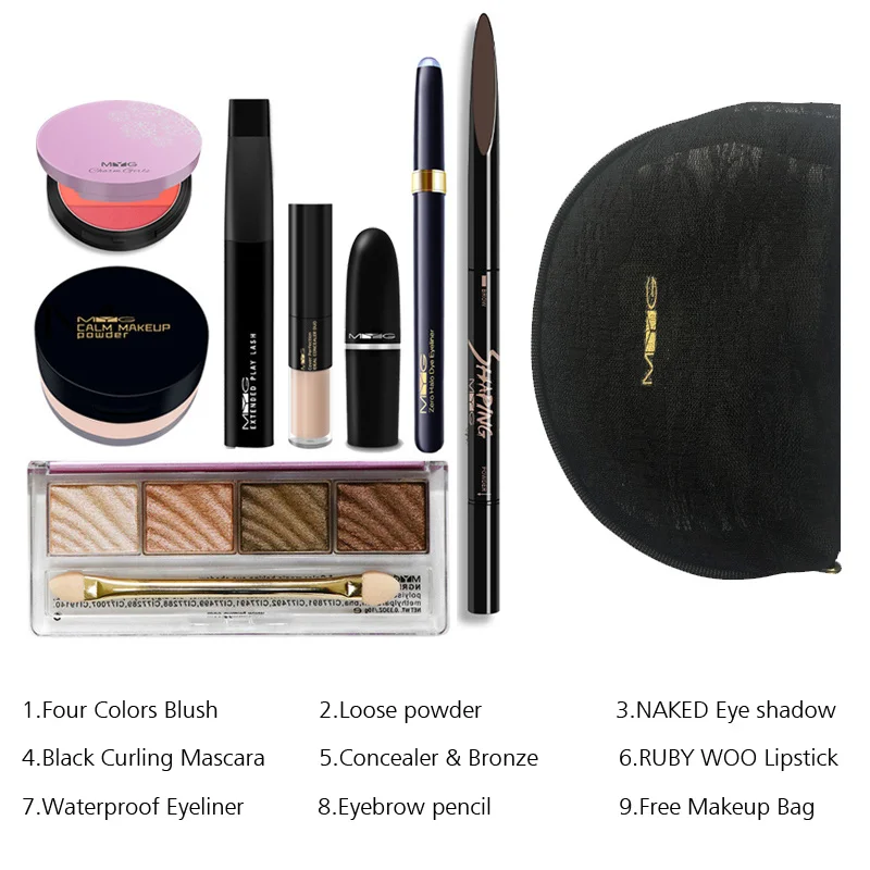 8 шт./лот MYG Makup набор инструментов должен иметь косметику, включая тени для век Матовая помада, Румяна тушь для ресниц подводка для глаз с косметикой