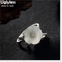 uglyless 100 genuine natural jade plum flower open rings for women solid 925 sterling silver fine jewelry thai silver leaf ring