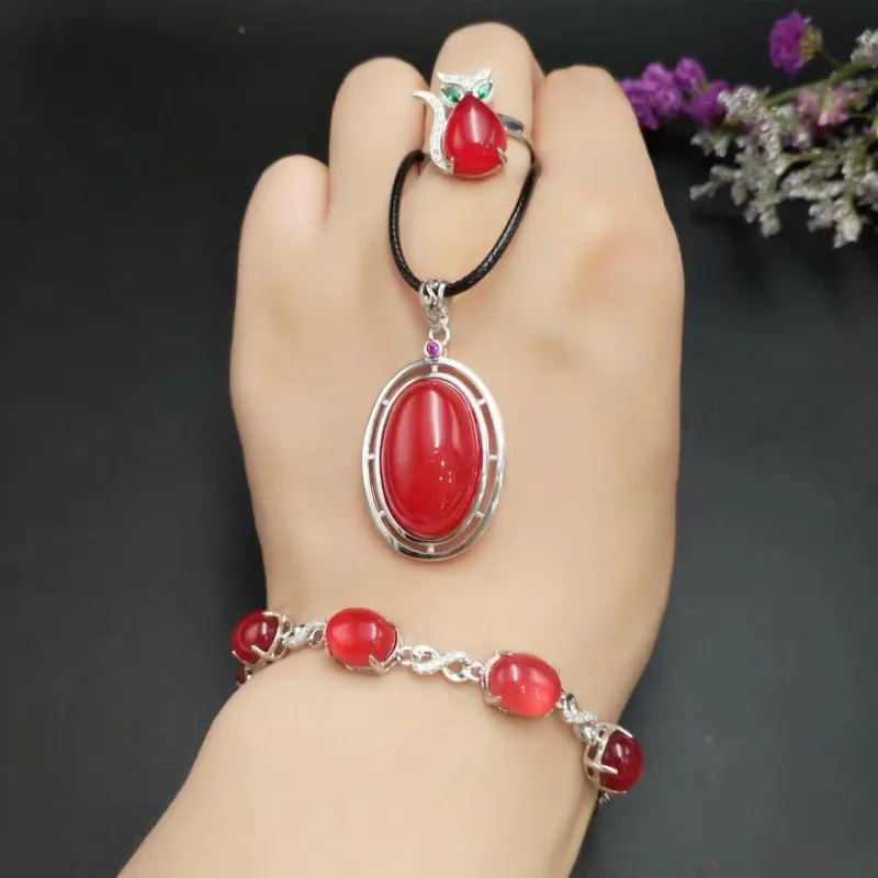 Натуральный халцедон костюм кольцо кулон серьги браслет s925 серебро