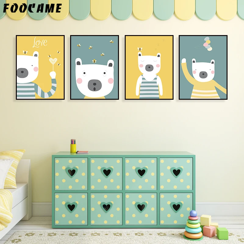 Фон с изображением медведя и пчелы из мультфильма скандинавский постер печать