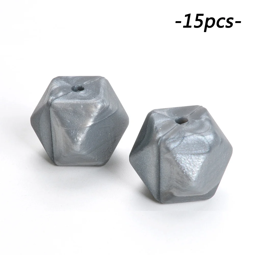 metal sliver 15 шт./лот, шестигранные силиконовые бусины, 17 мм, пищевые Силиконовые Детские Прорезыватели для прорезывания зубов, ожерелья для изготовления жевательных прорезывателей, свободные бусины для прорезывания зубов - Цвет: metal sliver