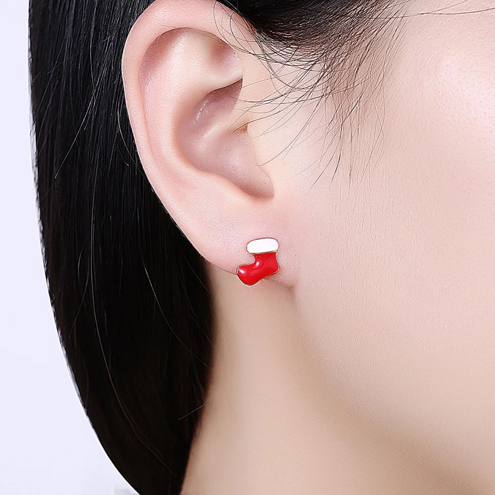 CHUKUI Christmas Red Socks Boots Earrings Gold Color Enamel Stud For Girl Kids Fashion New Year Gifts Jewelry | Украшения и