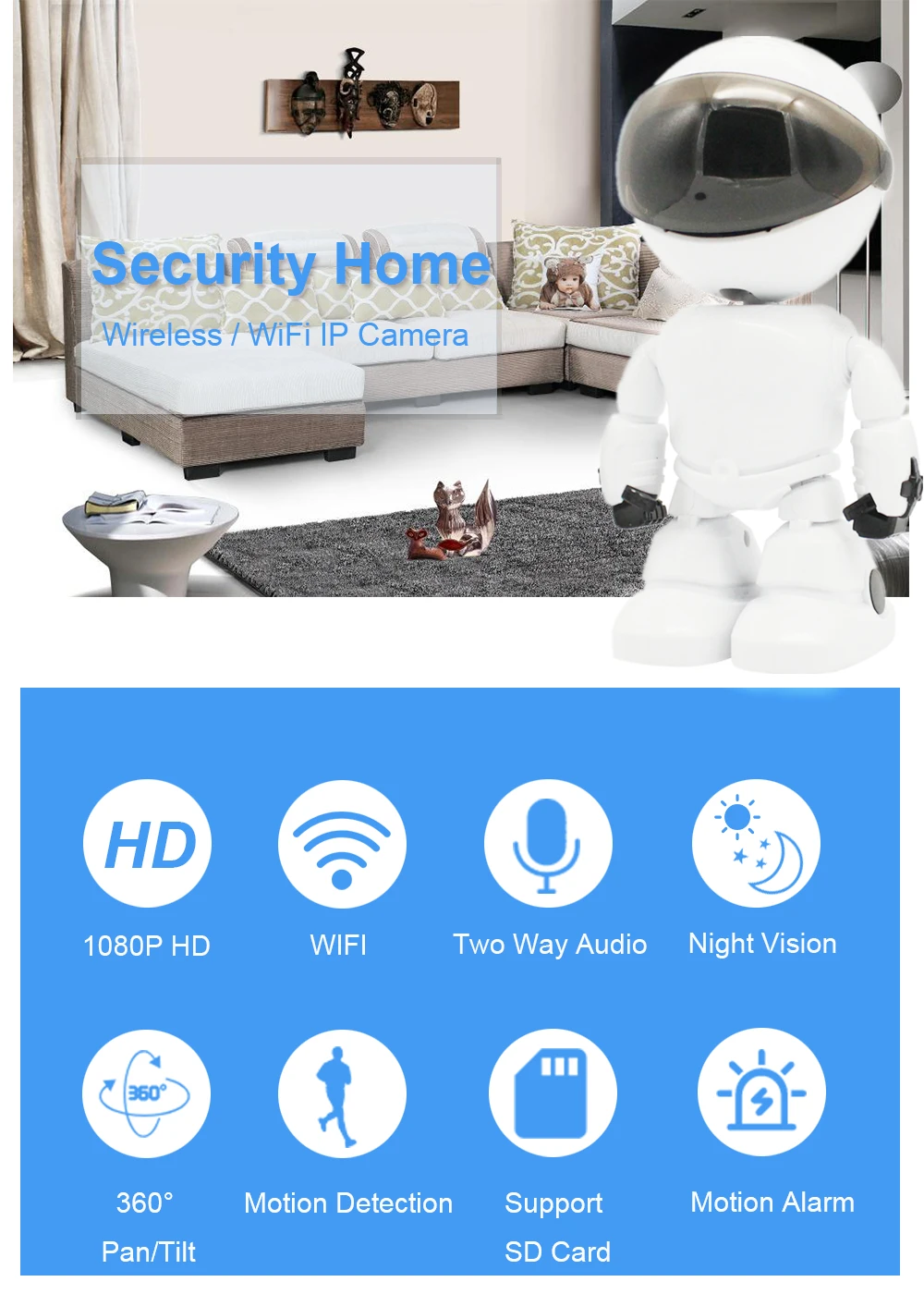 Робот wifi камера HD 1080P 2.0MP Pan Tilt Rotation Беспроводная ip-камера Детский Монитор дистанционное управление Обнаружение движения