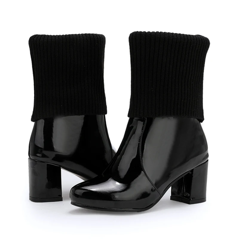 JK High Heels Women Ankle Boots Round Toe Footwear Patent Pu Female Boot Sock Knitting Shoes Woman Winter 2018 Plus Size 34-48 | Обувь