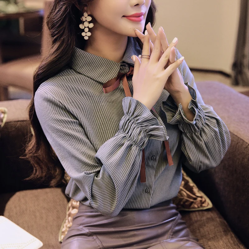 Рубашка женская с длинным рукавом и бантом в полоску|blouse style|blouse womenshirt women |