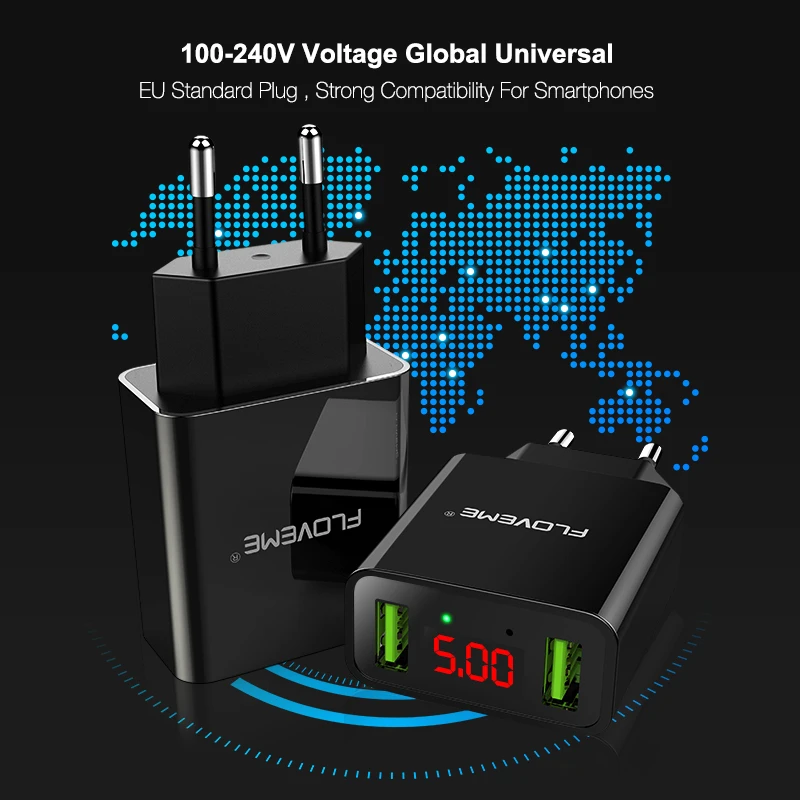 FLOVEME Смарт светодиодный двойной USB Зарядное устройство для iPhone X 8 7 samsung S9 S8