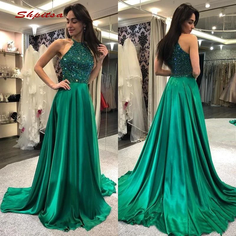 

Green Long Evening Dresses Party A Line Luxury Crystals Sequin Sexy Ladies Women Formal Dresses Evening Gown