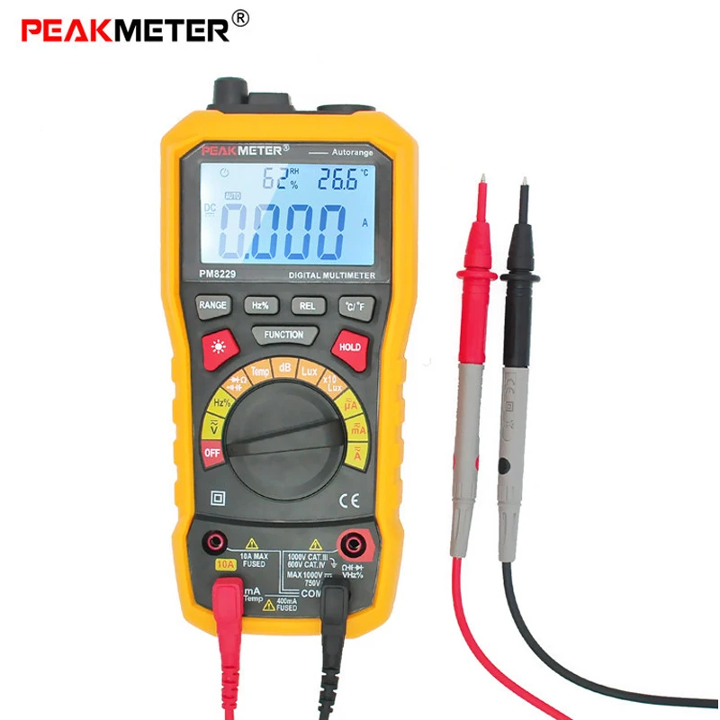 PEAKMETER MS8229 Digital LCD Multimeter 5 in 1 Illuminometer Sound Level Frequency Temperature Humidity Meter Voltage Tester