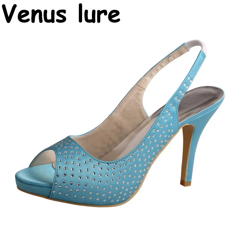 Женские босоножки на платформе с кристаллами 2018 высоком каблуке светло-голубого