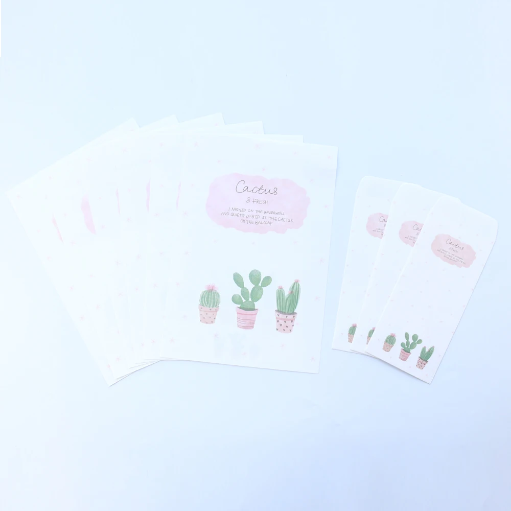white cactus Domikee милый мультфильм кактус шаблон школьника конверт и письмо pad набор канцелярских принадлежностей, 4 письма бумаги+ 3 конверт, А4 - Цвет: white cactus
