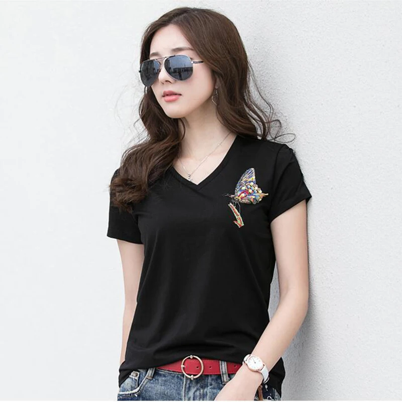 New short-sleeved T-shirt female hand beaded high-end wild V collar butterfly ladies shirt high quality women's top 1946 | Женская