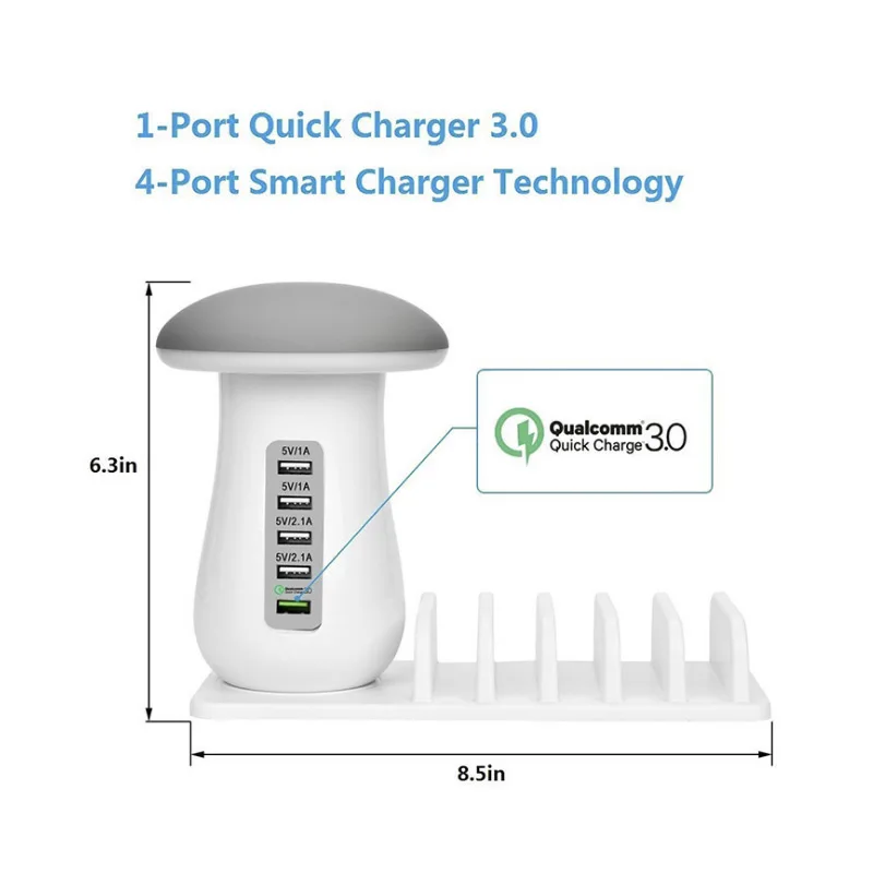 1pc Multi Charging Dock 5 USB Port QC3.0 Station With Mushroom Light Fast Hub EU US AU UK | Электроника