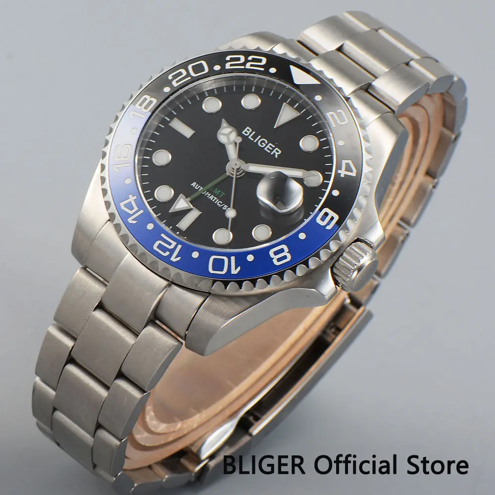 Bliger 43 мм черная Дила сапфировое стекло керамический ободок светящийся цвет