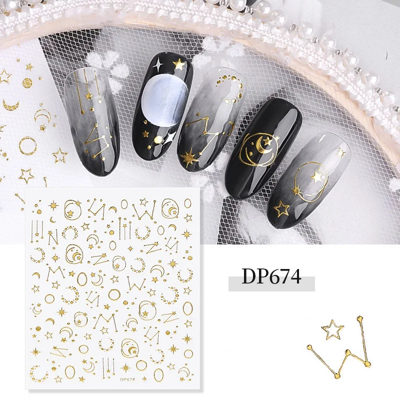 F610-DP674 3D стикер для ногтей, наклейка Звезда Луна, лазер, Золотой Серебряный ноготь, художественная наклейка, металлическая полоса, много размеров, украшения для ногтей, маникюр - Цвет: F610-DP674