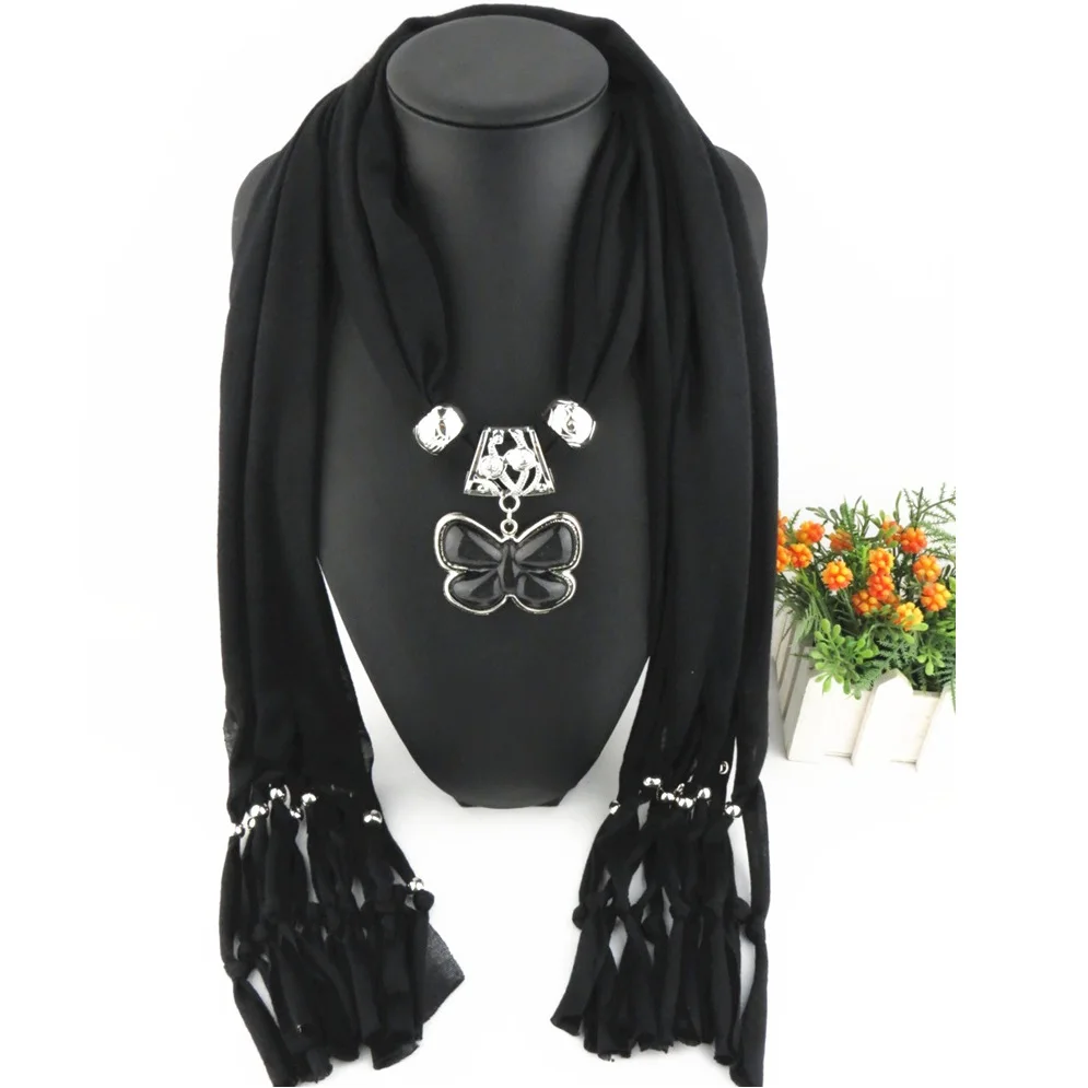 Fashion Polyester Tassel Solid Resin Pendant Scarf Jewelry Necklace Women Butterfly pendant Lady shawl Alloy fittings Scarves |