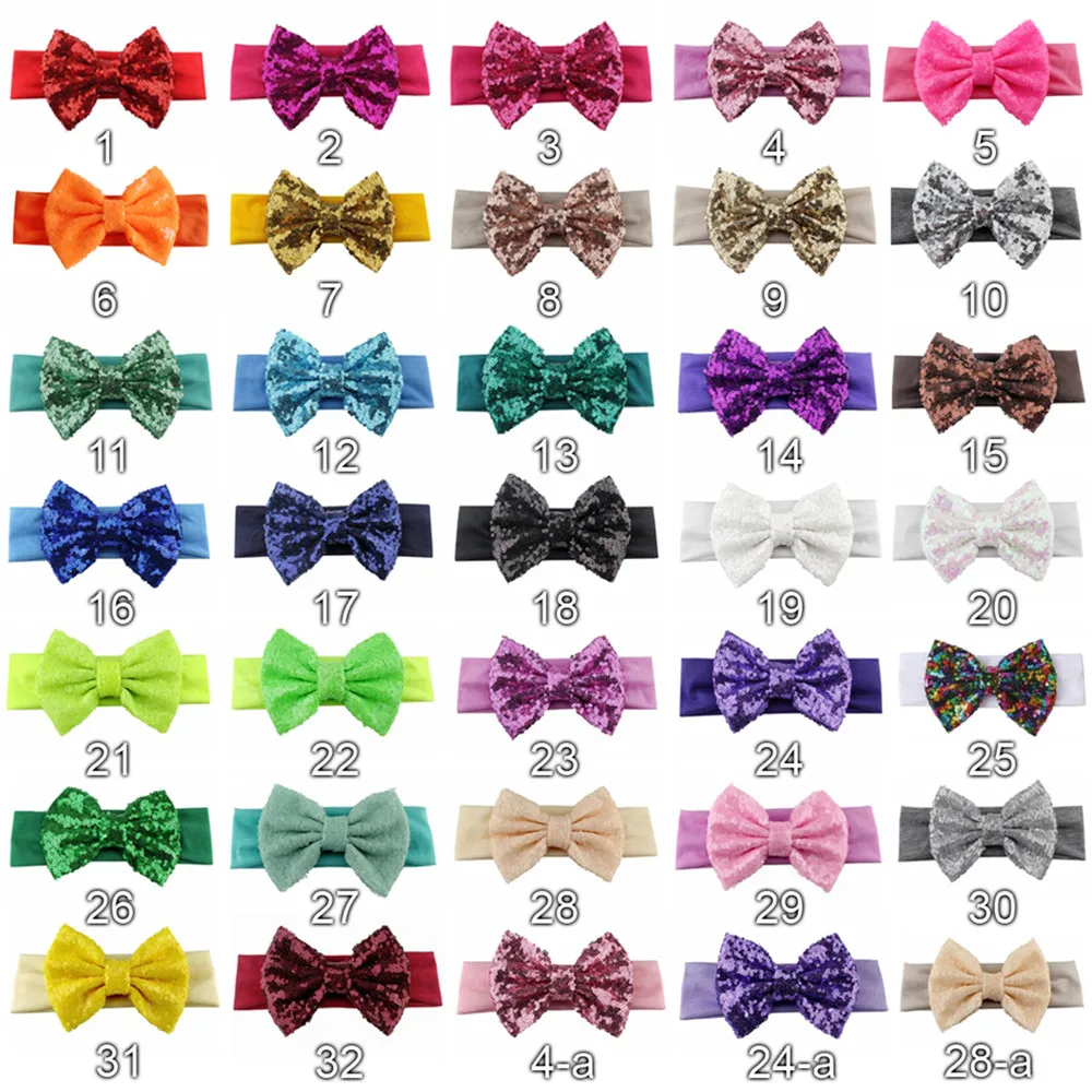 

10 pcs/lot 5'' Sequin Bow Headband For Girls Solid Elastic Hair Band Large Gold Glitter Hair Bow Hair Accessories