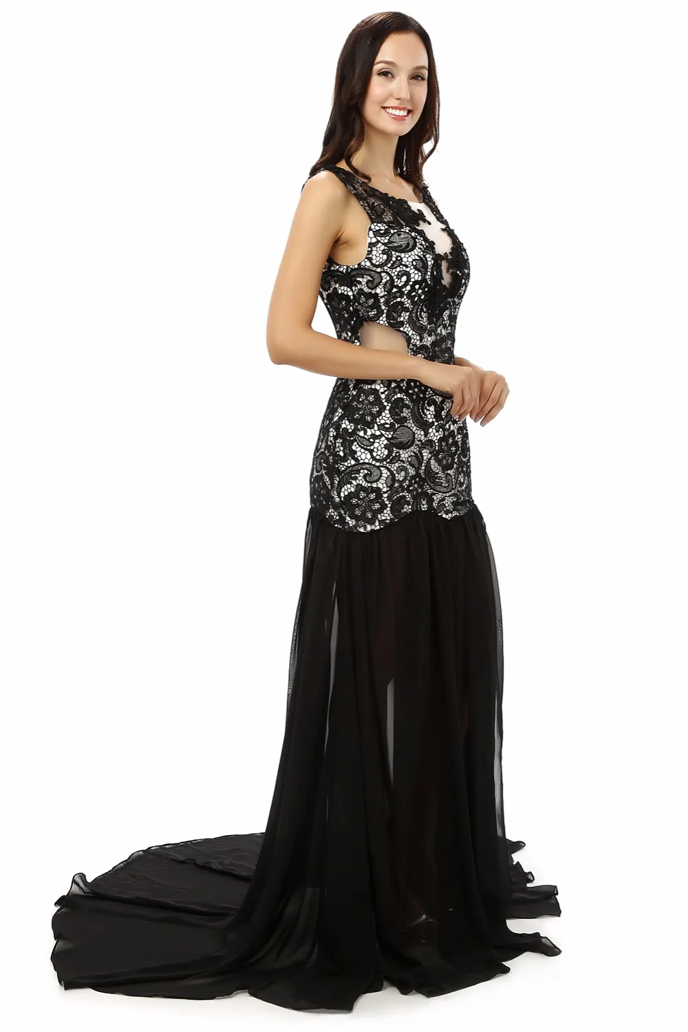 Реальное фото черные вечерние платья с аппликацией для выпускного вечера