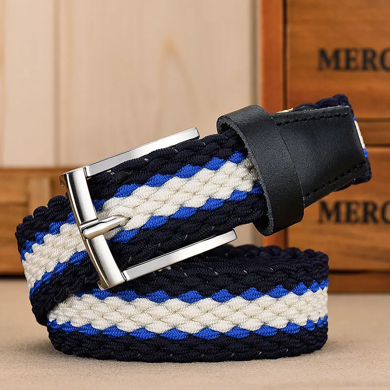 Navy-Blue-White Мужской Эластичный кожаный ремень из парусины, Плетеный тканый длинный поясной ремень 3,0 см из натуральной коровьей кожи, верхний наконечник для Мужчин 95-160 см - Цвет: Navy-Blue-White