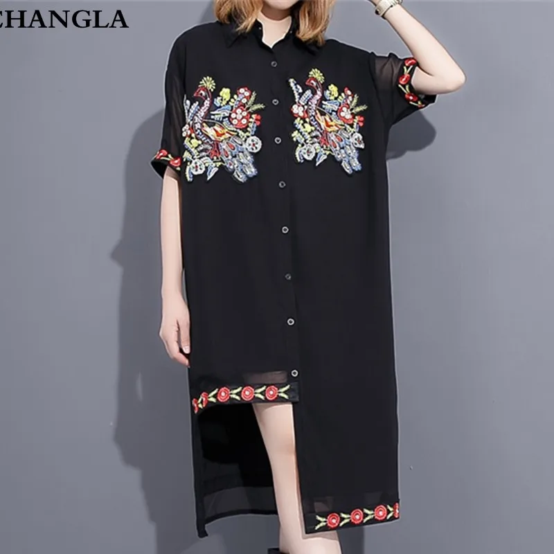CHANGLA vestidos verano 2017 Лето Женщины Вышивка Цветочные Рубашка До Колен Платья С