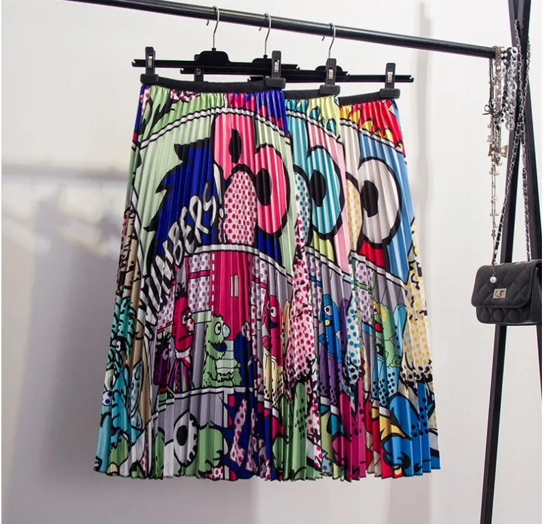 New summer 2019 cartoon pattern high-stretch pleated high-street style dress | Женская одежда
