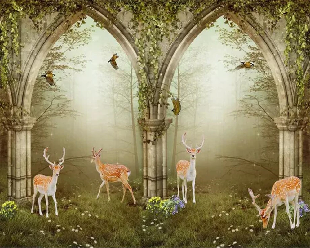 Обои на заказ 3D фотообои Европейский стиль пасторальный цветок лоза лес олень