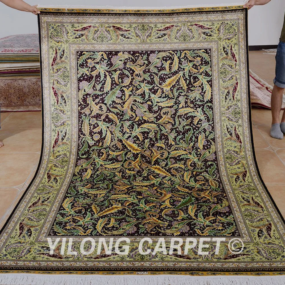 

Yilong 5'x7.5' Oriental silk carpet green handmade exquisite Turkish silk rug (0800)