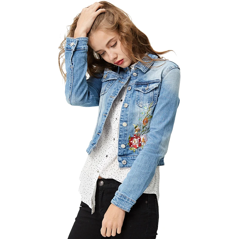 Женская джинсовая куртка винтажная Облегающая с цветочным рисунком и вышивкой