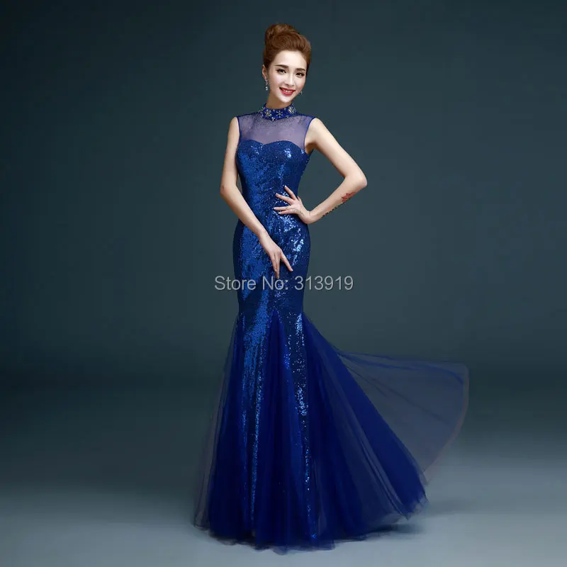 

free shipping fashion high collar sequin mermaid evening party dress long 2017 new styles custom make size 0 or plus sizes