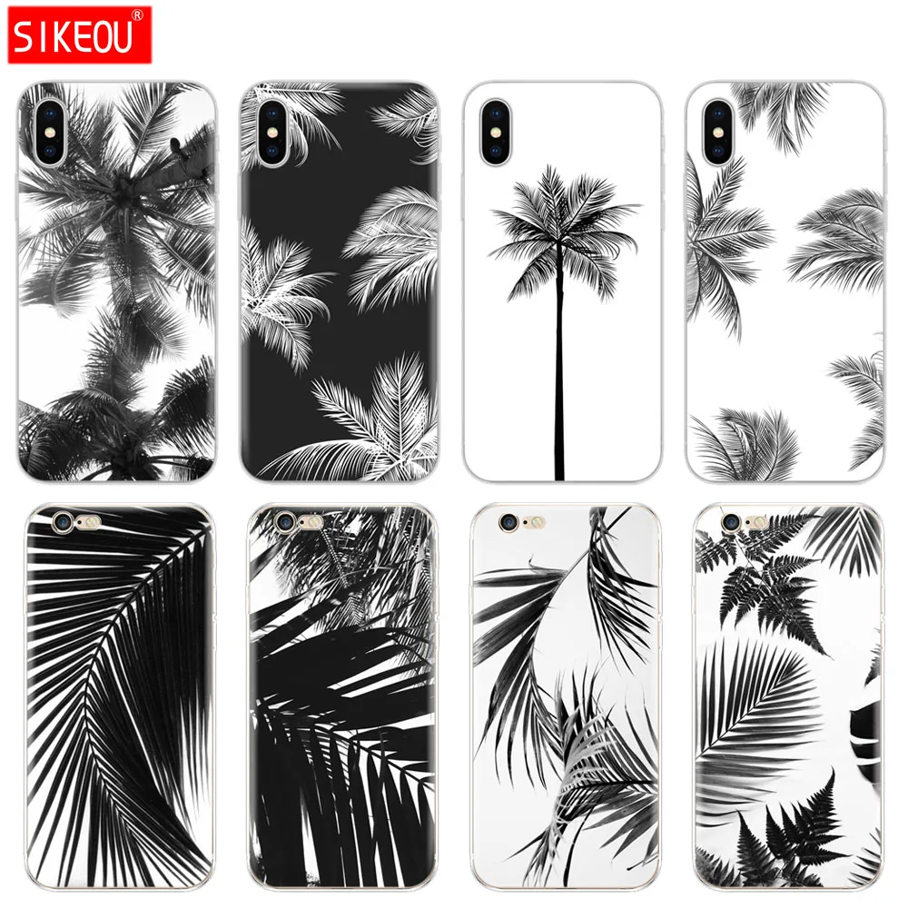

Silicone Cover Phone Case For Iphone 6 X 8 7 6s 5 5s SE 2020 Plus 10 XR XS 11 pro Max Case Black white palm leaves palm trees
