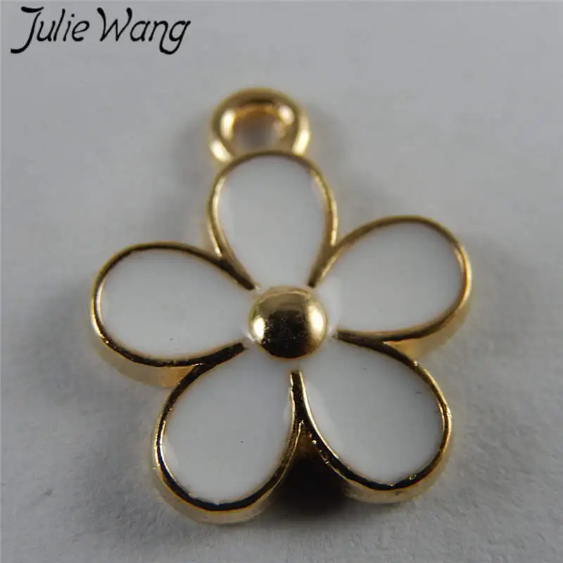 

Julie Wang 10PCS Cute Enamel White Pink Small Flowers Gold Tone Charms Necklace Pendant Findings DIY Jewelry Making Accessory