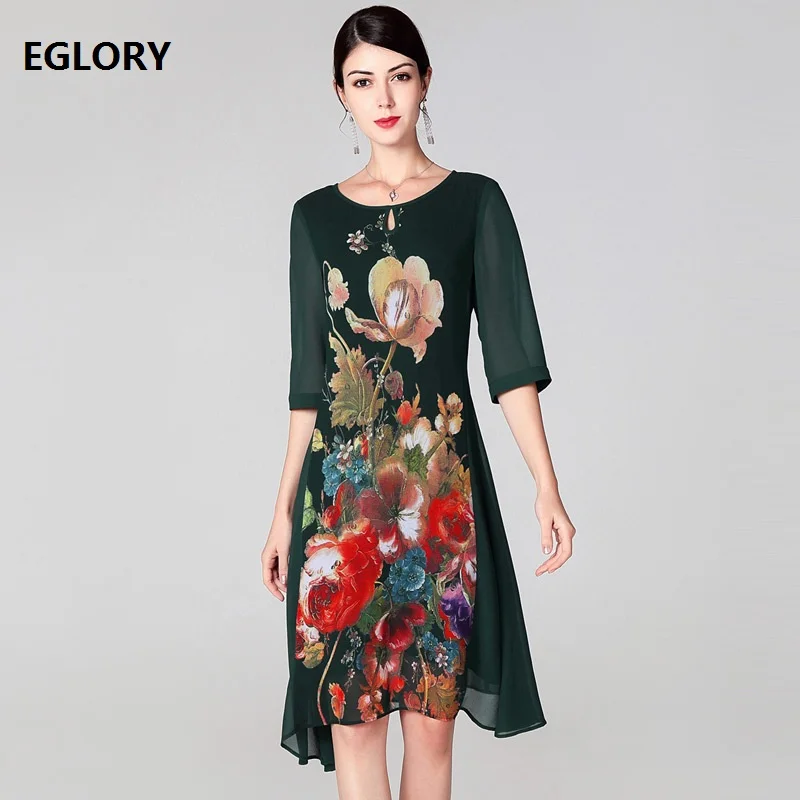 Женское шелковое платье повседневное винтажное А-силуэта с рукавом 3/4 и