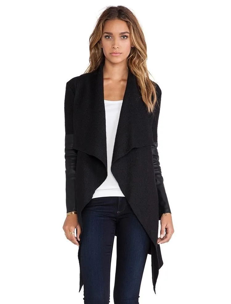 Женский шерстяной кардиган из ПУ кожи с длинным рукавом | Женская одежда