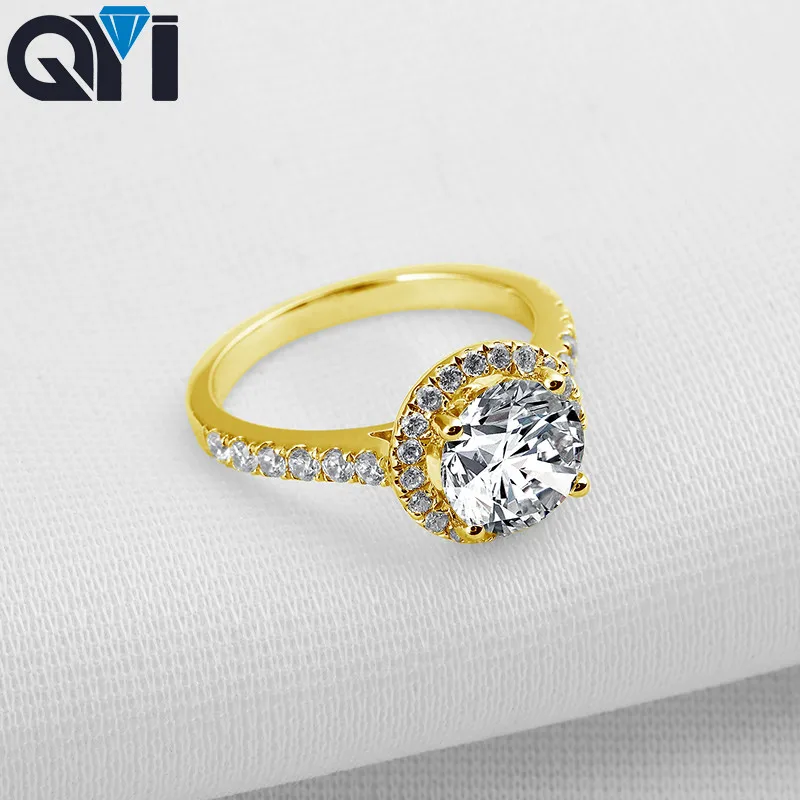 QYI 1,9 ct 14 K массивная, желтая, Золотая кольца для женщин с круглой огранкой SONA, имитация бриллиантов Engagemen Halo Ringt