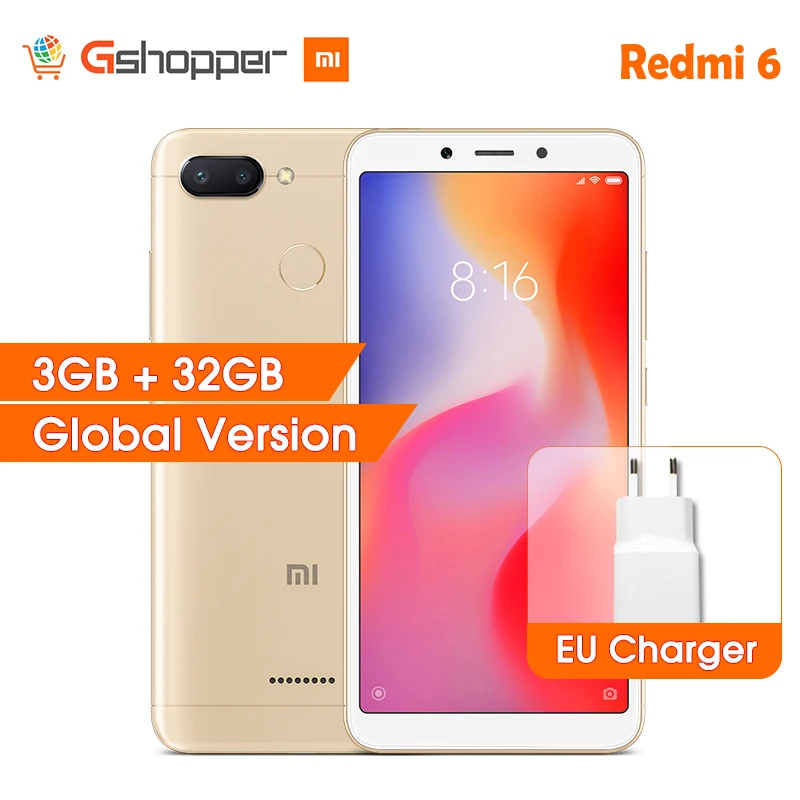 Xiaomi Redmi 6 3 ГБ ОЗУ 32 Гб ПЗУ смартфон Helio P22 Восьмиядерный процессор 12 Мп + 5 МП две