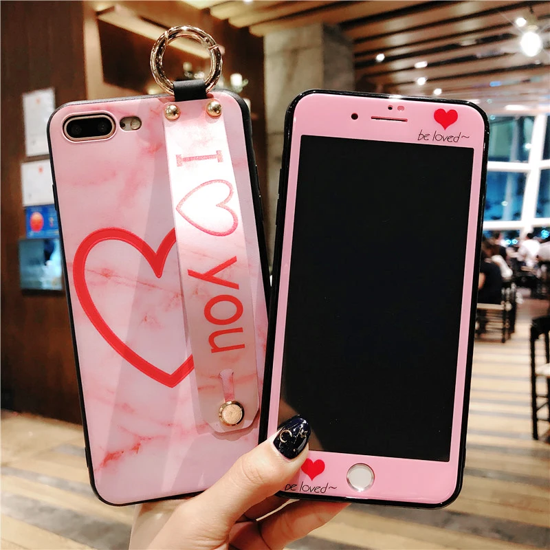For iPhone X Pink Lovely case + Tempered Glass Screen film 6 6S 6Splus 7 7plus 8 8Plus Cute peach back Cover |