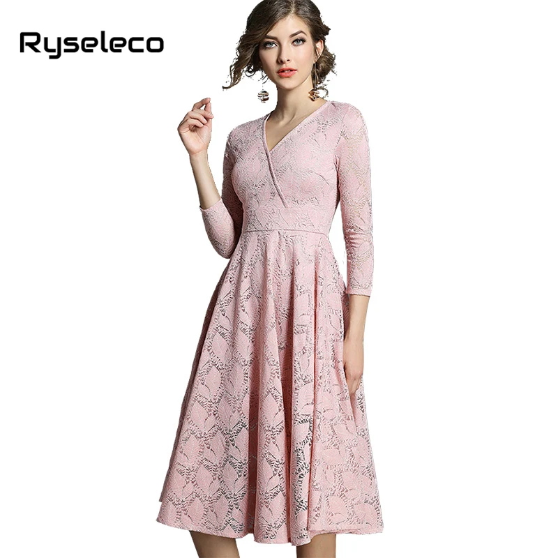 

Ryseleco 2018 New Autumn Lady 3/4 Sleeve Big Flare Dress Solid Elegant V-Neck Hollow Out Floral Lace Party Swing Midi Dresses