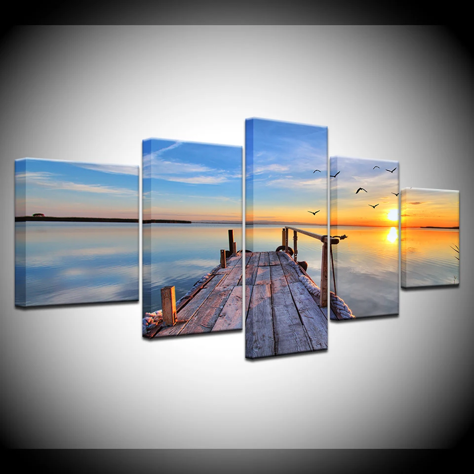 

Bridge under Sunrise Large Modern 5 Panels Landscape wall posters Canvas Art Painting For home living room decoration