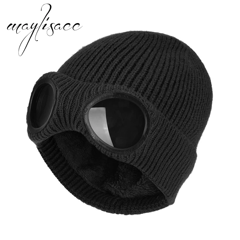 Maylisacc 3 цвета зимняя вязаная шапка теплые шапочки Skullies лыжный Кепки с Съемные очки