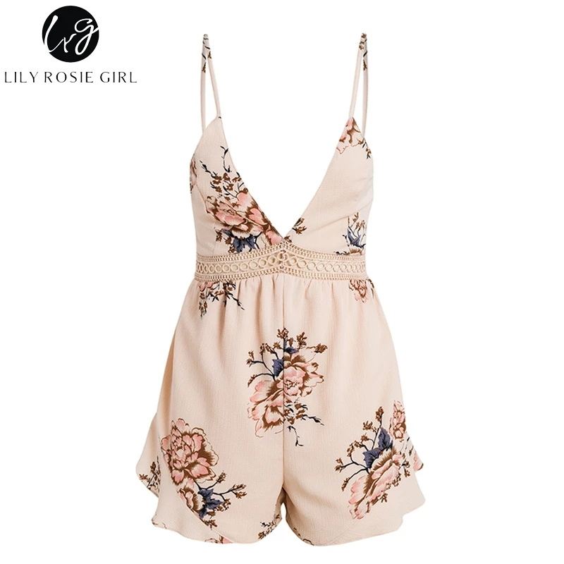 Lily Rosie Girl Chiffon Bow Print Floral Playsuit Spaghetti Strap V Neck Sexy Hollow Out Short Women Jumpsuit Rompers | Женская одежда