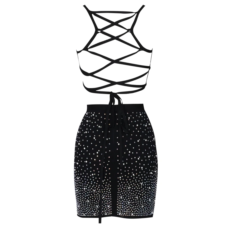 Ocstrade 2019 новая мода черный сетки и бисером Bodycon Женский костюм из двух предметов