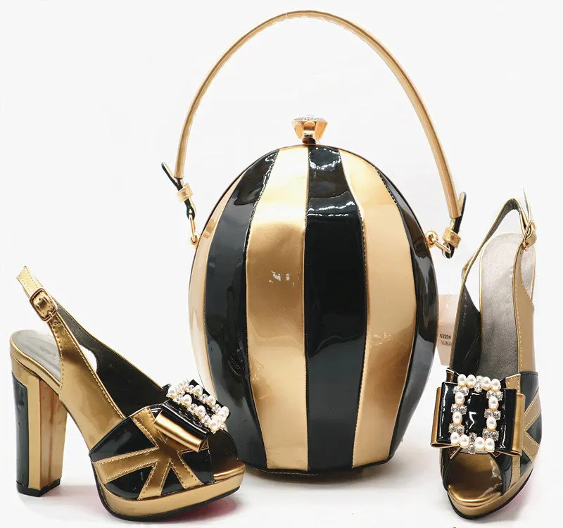 Black And Gold Capputine/новейший комплект из обуви и сумочки в африканском стиле двух цветов; модные летние стильные туфли-лодочки; комплект из обуви и сумки для вечеринок; G55 - Цвет: Black And Gold
