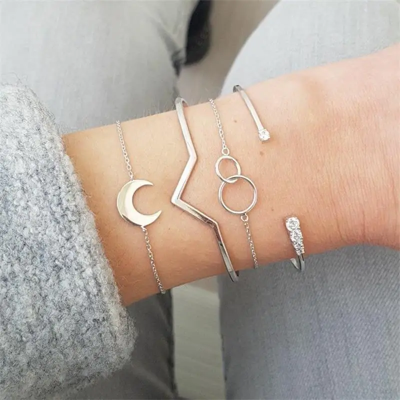 4Pcs/Set Fashion Silver Color Moon V shaped Round Number 8 Crystal Open Bracelets Women Party Jewelry Gift Bracelet Set | Украшения и