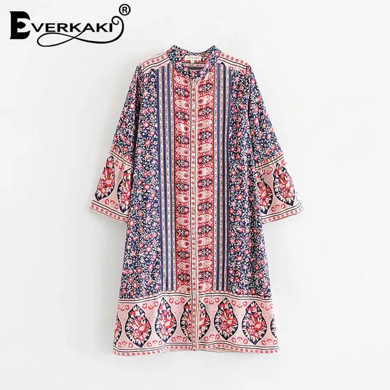 Everkaki Boho длинное платье с цветочным принтом для женщин Цыганское Платье с круглым вырезом и пуговицами богемное женское платье свободное пляжное женское лето осень - Цвет: Blue