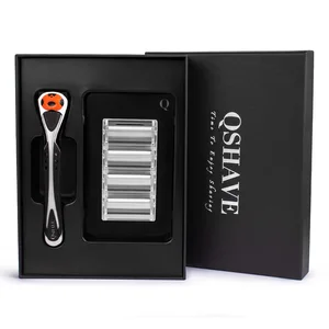Ручная бритва Qshave с изысканной подарочной коробкой, черного и серебряного цвета, возможно нанесение вашего имени на ручке (1 ручка, 4 лезвия X6)
