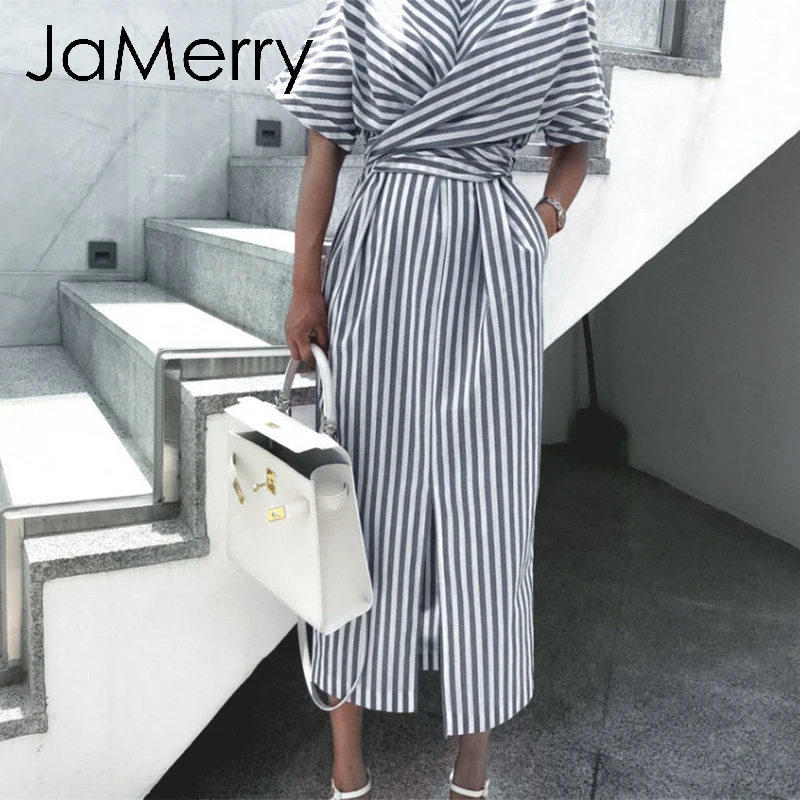 JaMerry, винтажное, размера плюс, хлопковое, в полоску, женское платье, летнее, Бандажное, с разрезом, женские платья, короткий рукав, для офиса, для девушек, платье миди