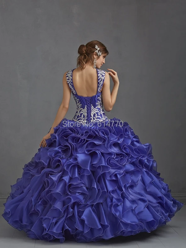 Embroidered beaded customize free shipping long girls cheap puffy ruffled royal blue prom dress with short sleeve P1065 | Свадьбы и