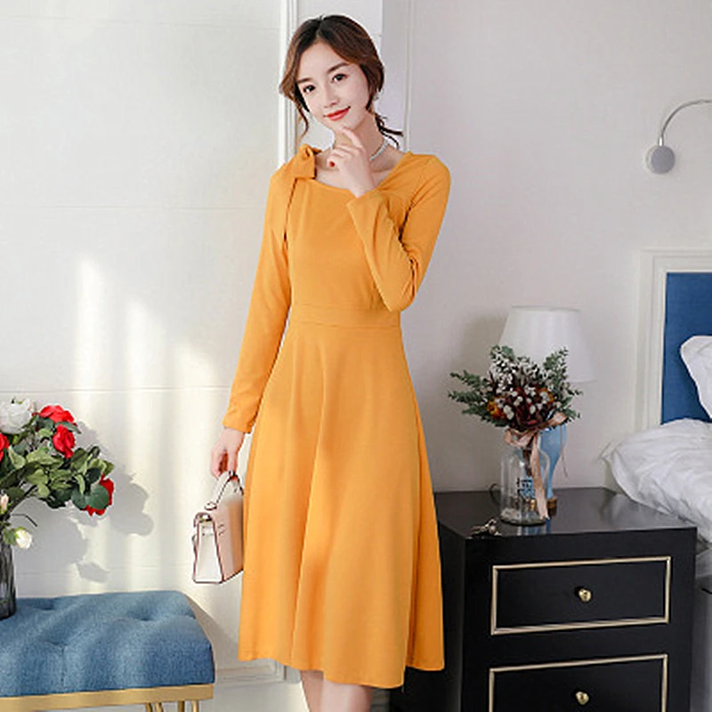 Женское однотонное платье с длинными рукавами повседневное длинное большого
