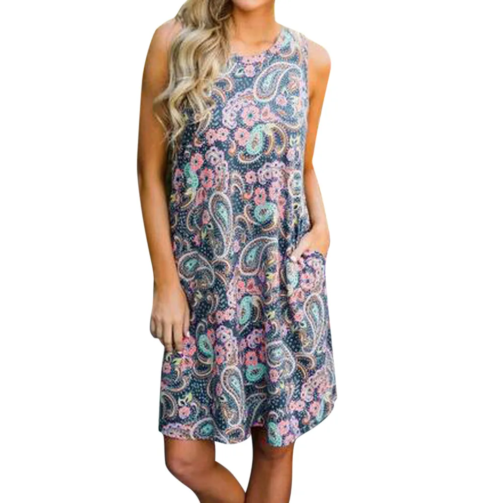 Пляжное женское платье в стиле бохо с цветочным принтом без рукавов винтажное